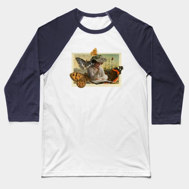 Lady reading with butterflies collage Baseball T-Shirt by indiebookster